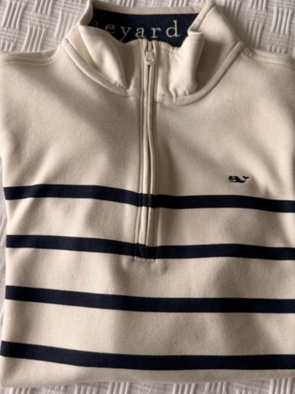 New W/O Tags Vineyard Vines Cream Half-Zip Sweater with Navy Stripes